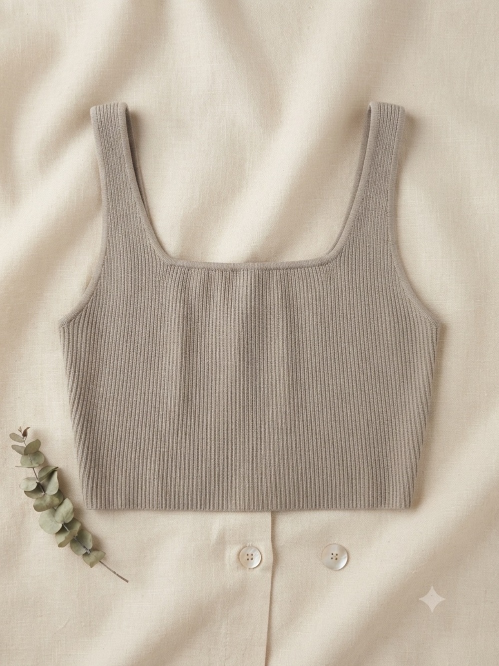 Babaton Taupe Ribbed Square-Neck Crop Top